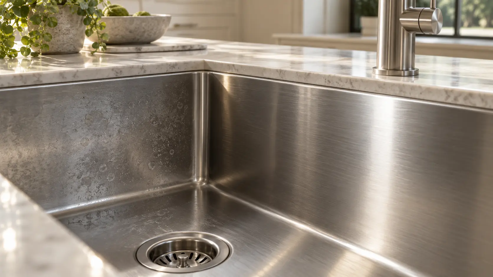 How to clean stainless steel sink with cloudy film beside a clean dry area