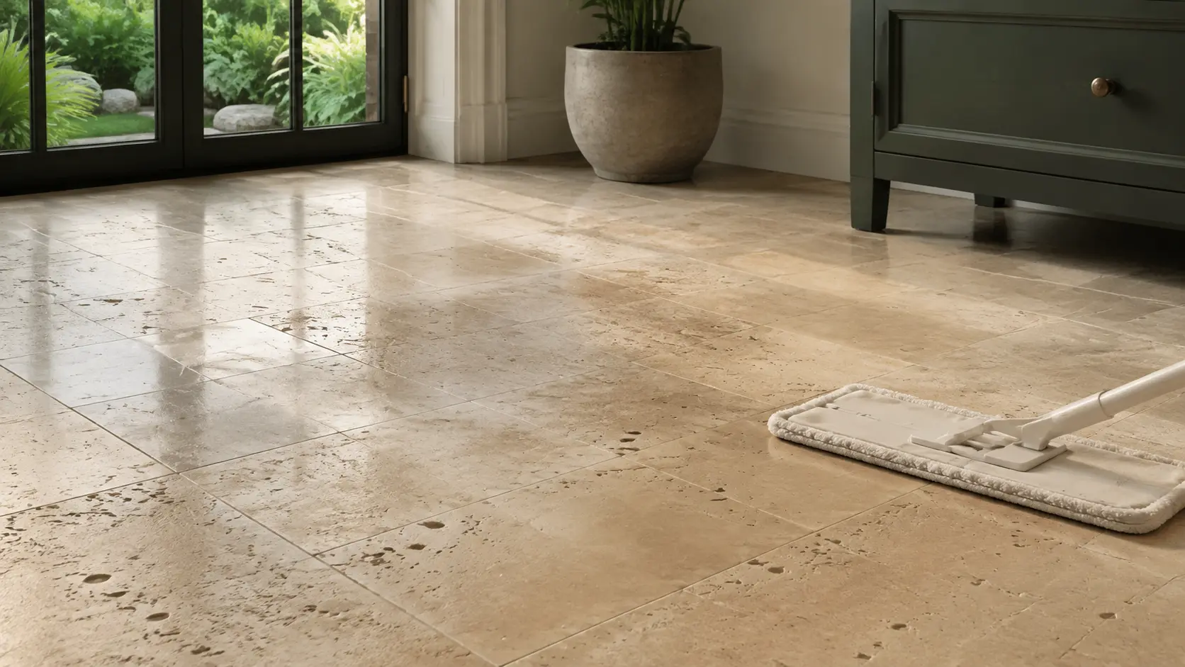 How to clean travertine tiles using a soft mop and stone-safe cleaner