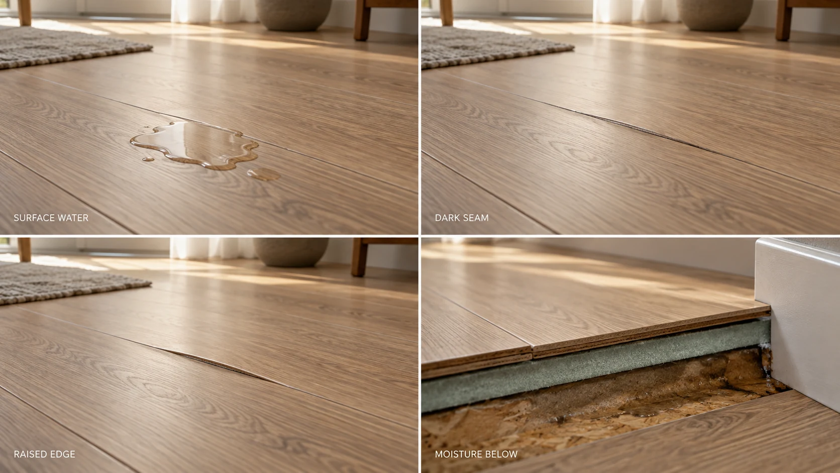 Laminate flooring surface water, dark seam, raised edge and underfloor moisture signs