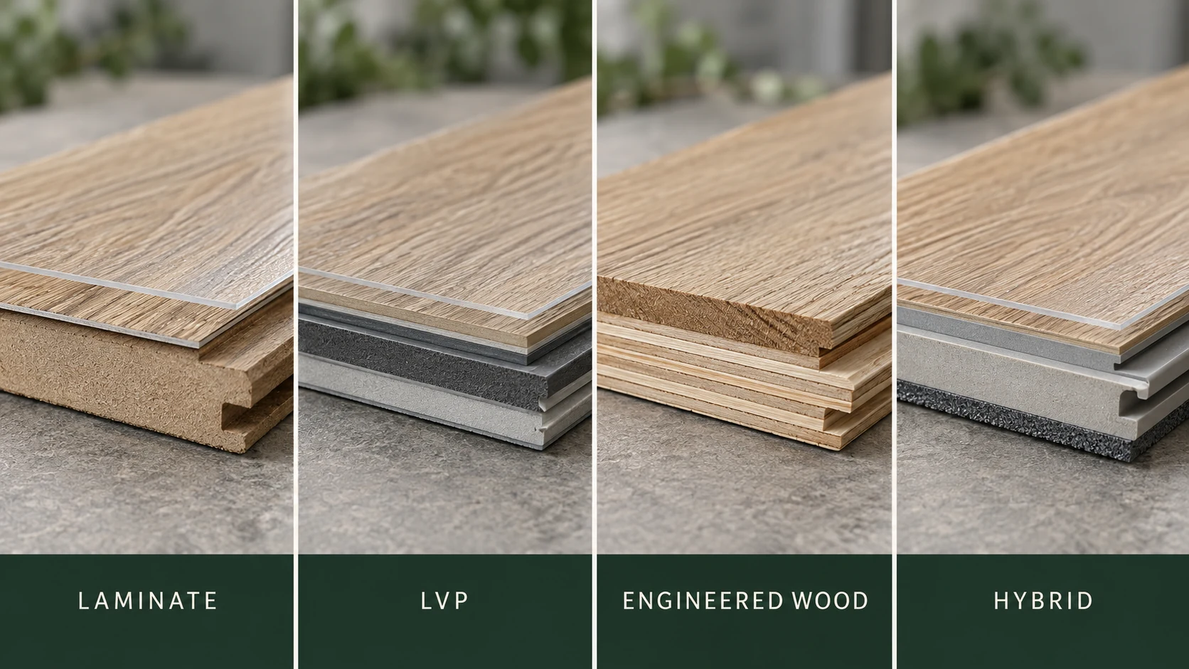 Laminate LVP engineered wood and hybrid flooring construction comparison