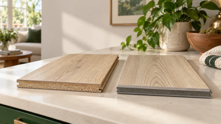 laminate vs lvp : Laminate plank sample beside an LVP plank sample on a light countertop