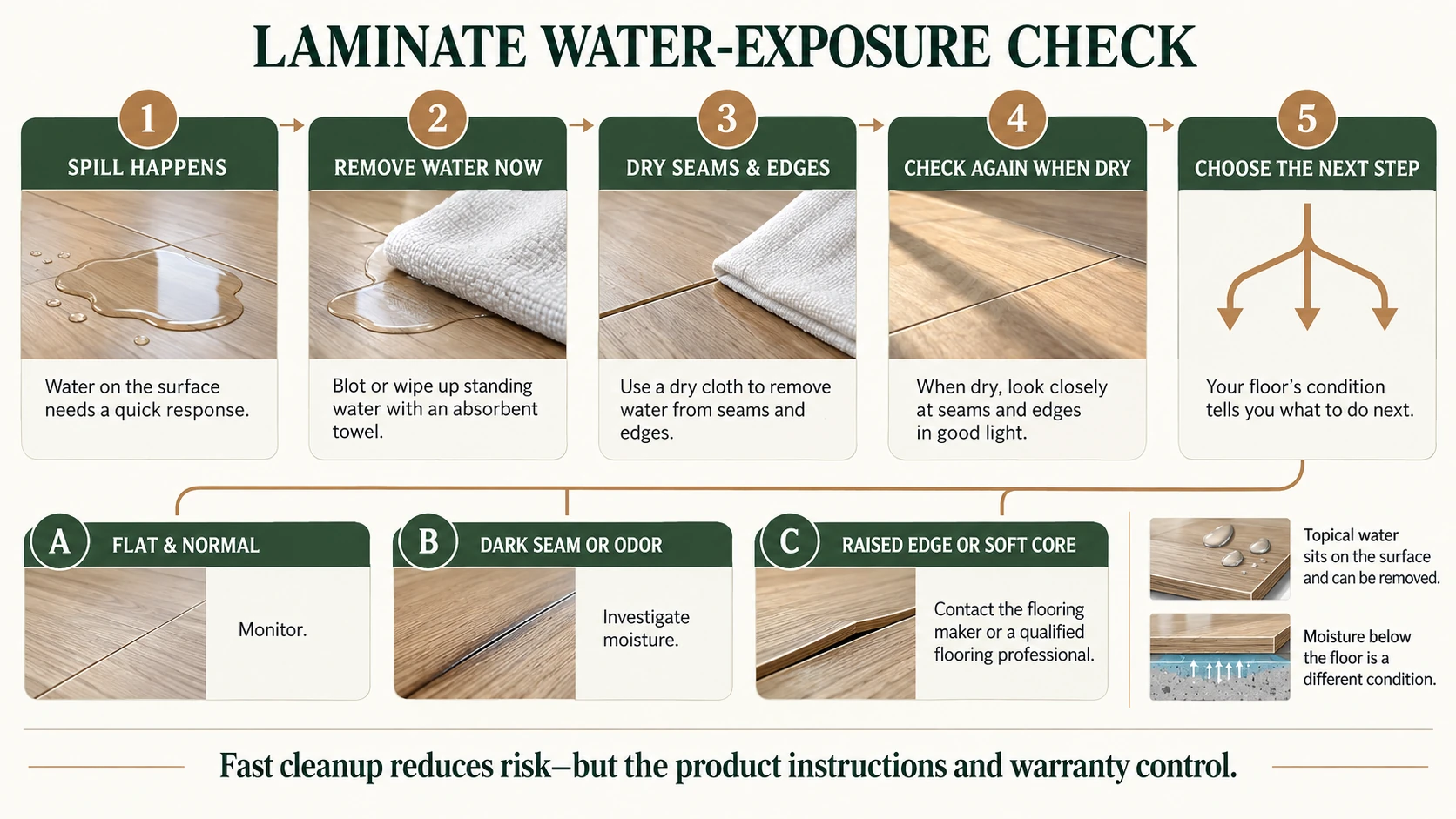 Laminate flooring water exposure cleanup and damage inspection decision guide