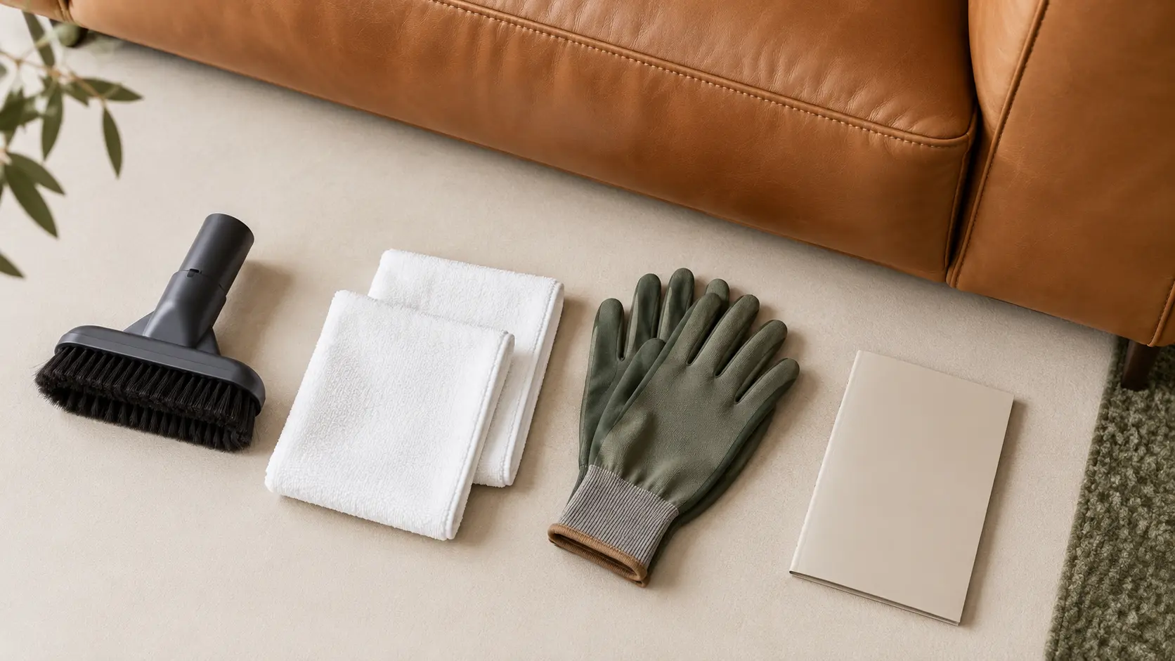 White cloth soft vacuum brush gloves and manufacturer care guide for cleaning a leather couch