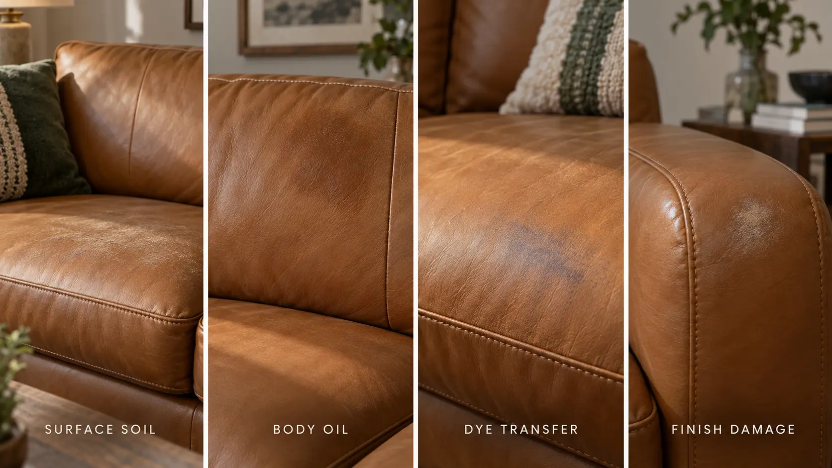 Surface soil body oil dye transfer and possible finish damage on a leather couch