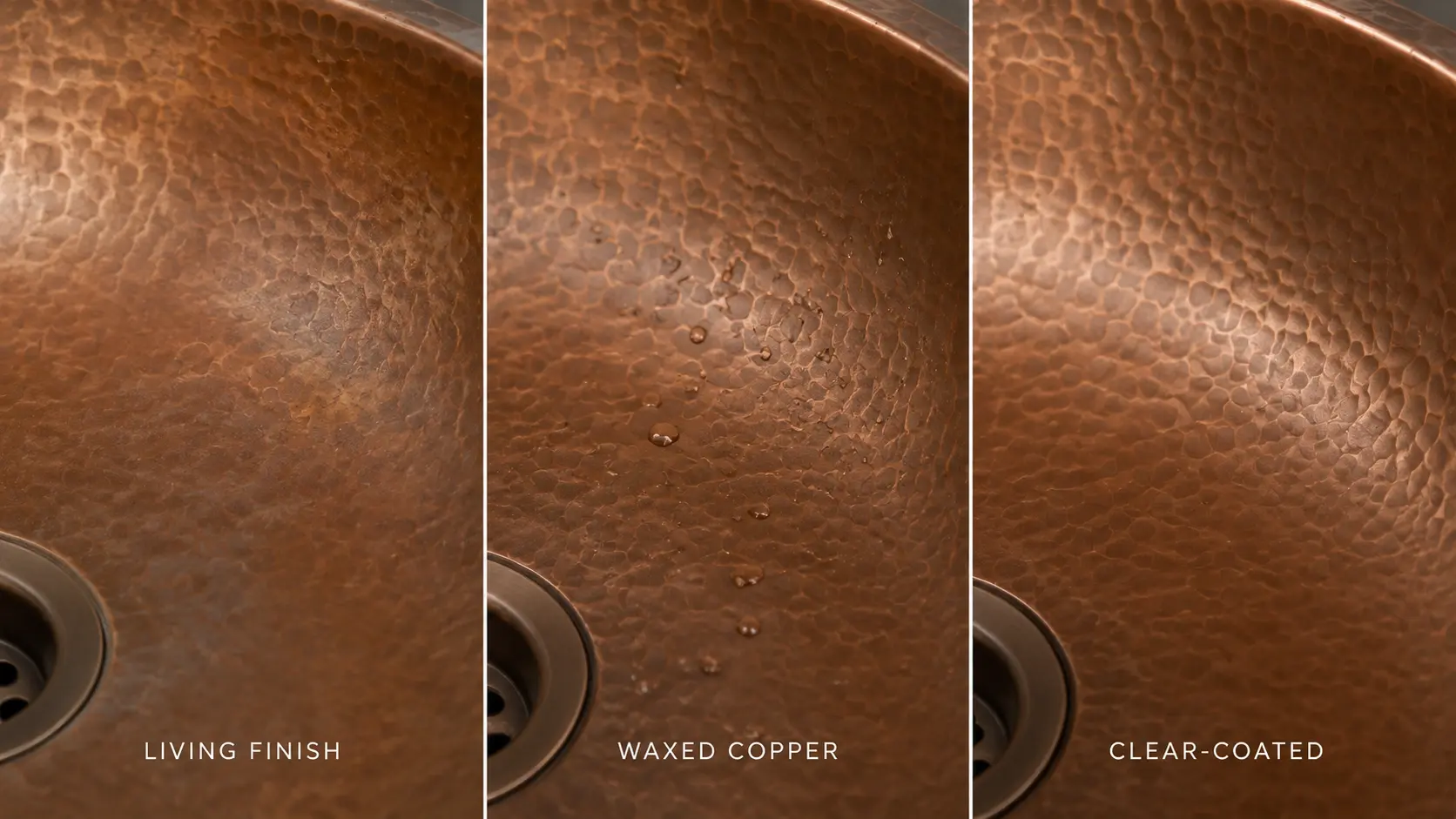 Living, waxed and clear-coated copper sink finish comparison
