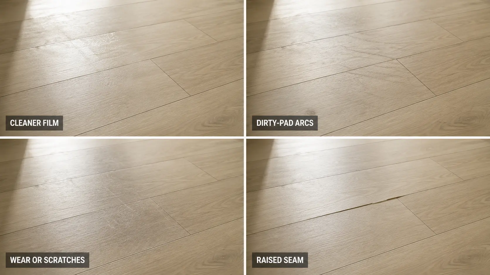 Cleaner film, dirty mop arcs, fine wear scratches and a raised seam on LVP flooring