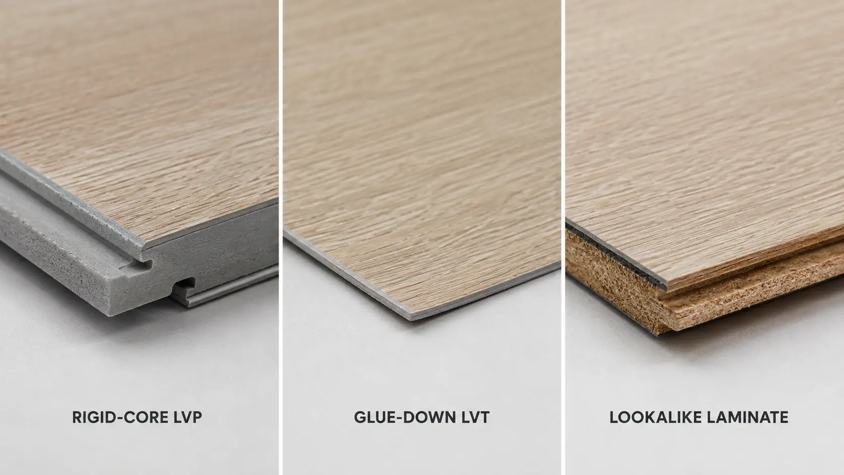 Floating rigid-core LVP, glue-down LVT and vinyl-look laminate shown for identification
