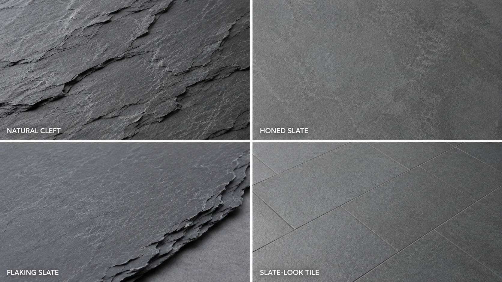 Natural cleft honed flaking and slate-look tile surface comparison
