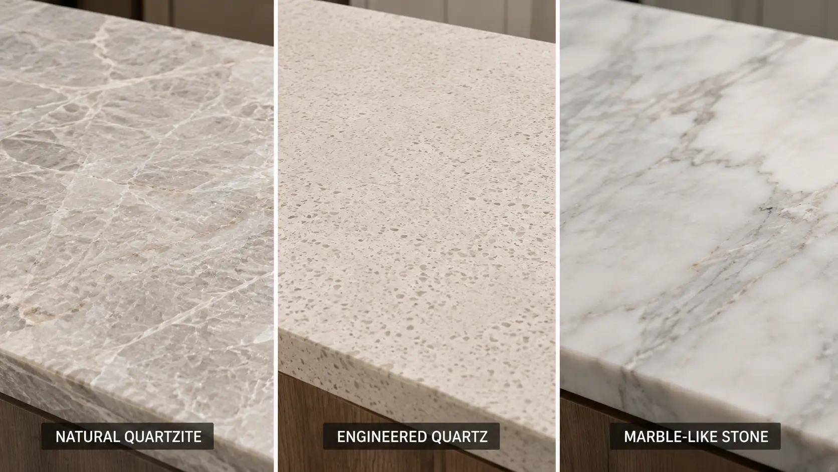 Natural quartzite compared with engineered quartz and marble-like stone