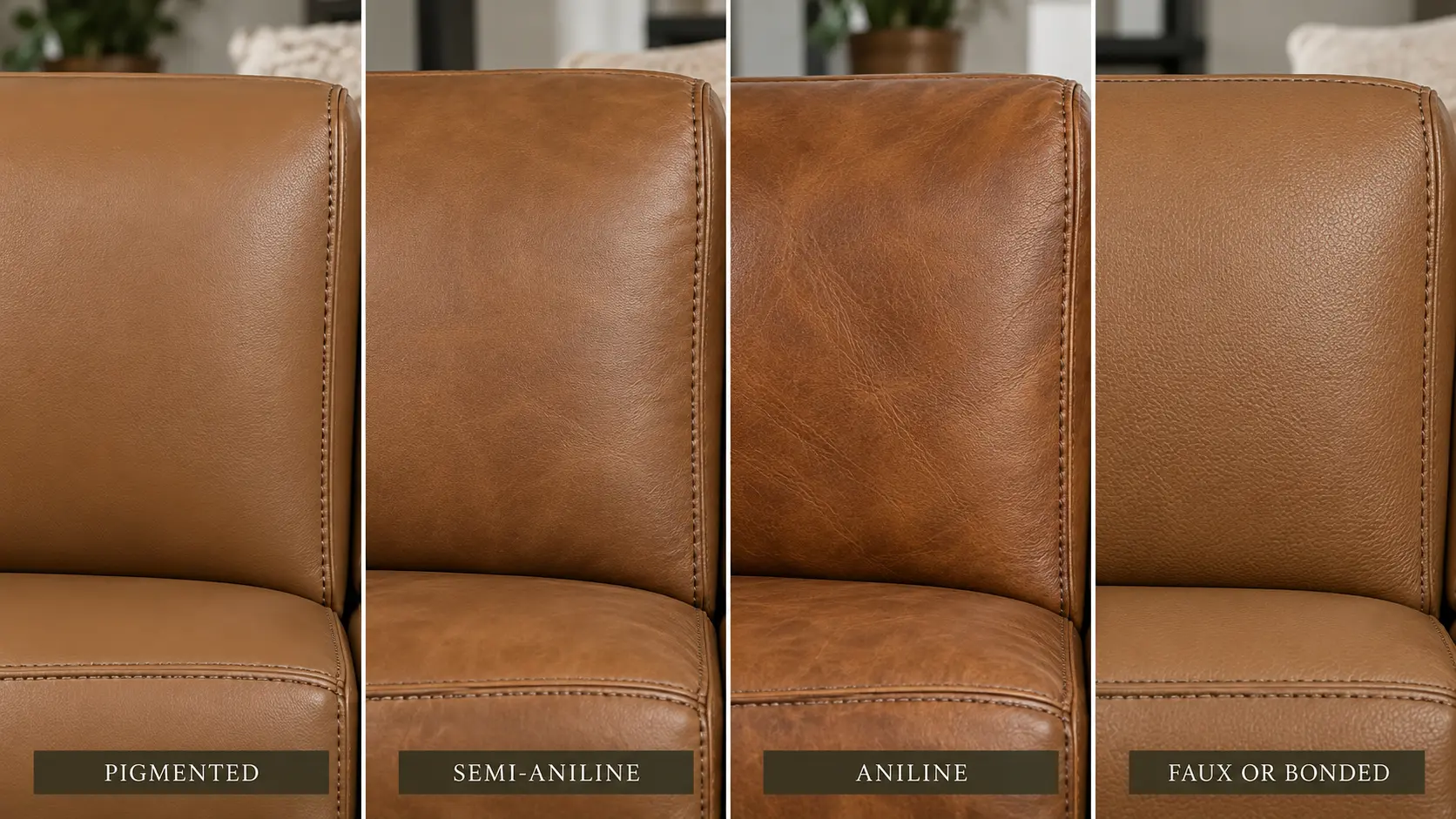 Pigmented semi-aniline aniline and faux or bonded leather upholstery comparison