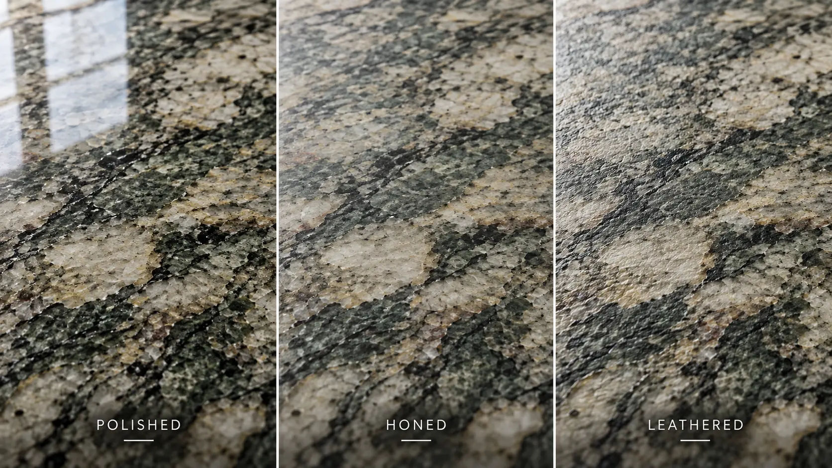 Polished, honed and leathered granite finishes shown under consistent angled light