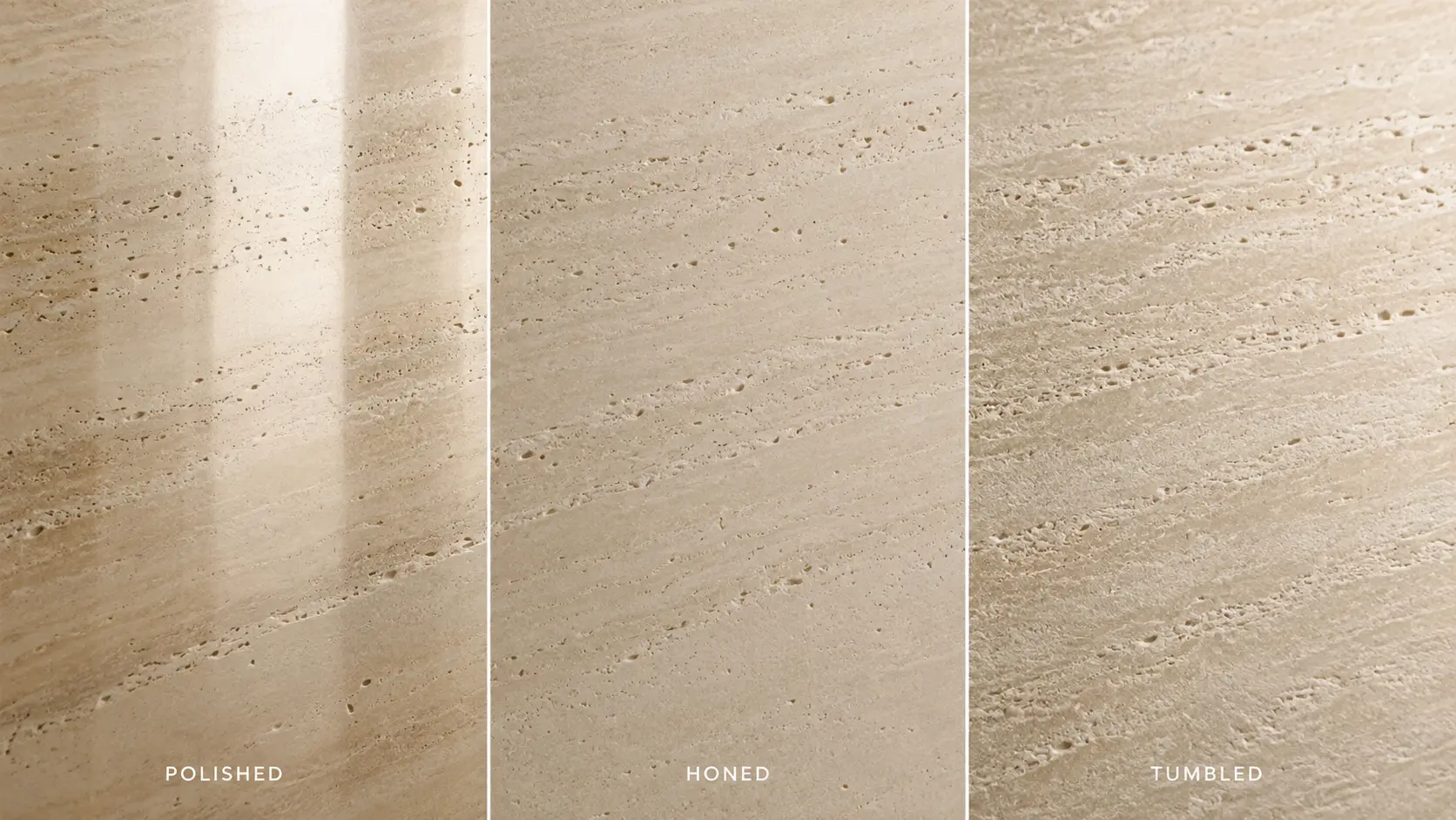 Polished, honed and tumbled travertine finish comparison