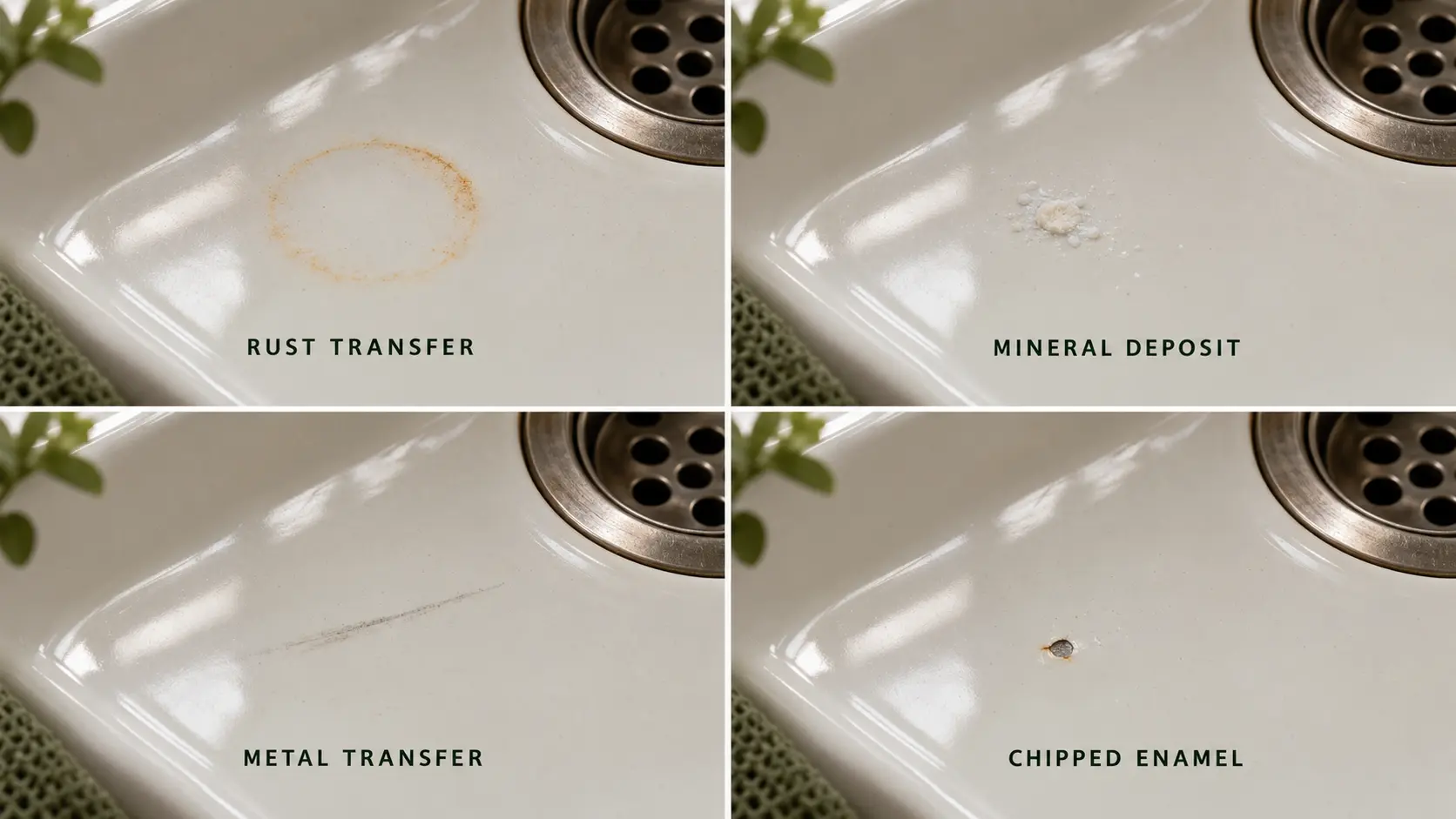 Transferred rust, mineral deposit, metal transfer and chipped porcelain enamel corrosion