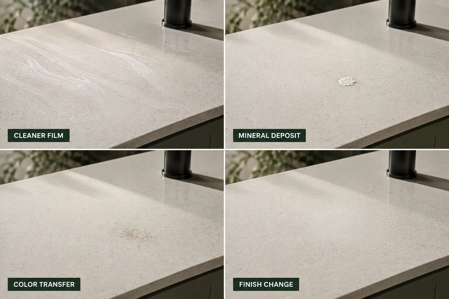 Quartz cleaner film, mineral deposit, color transfer and permanent finish change comparison