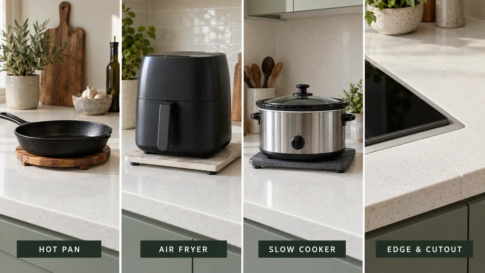 Hot pan, air fryer, slow cooker and cooktop cutout heat risks on quartz countertops