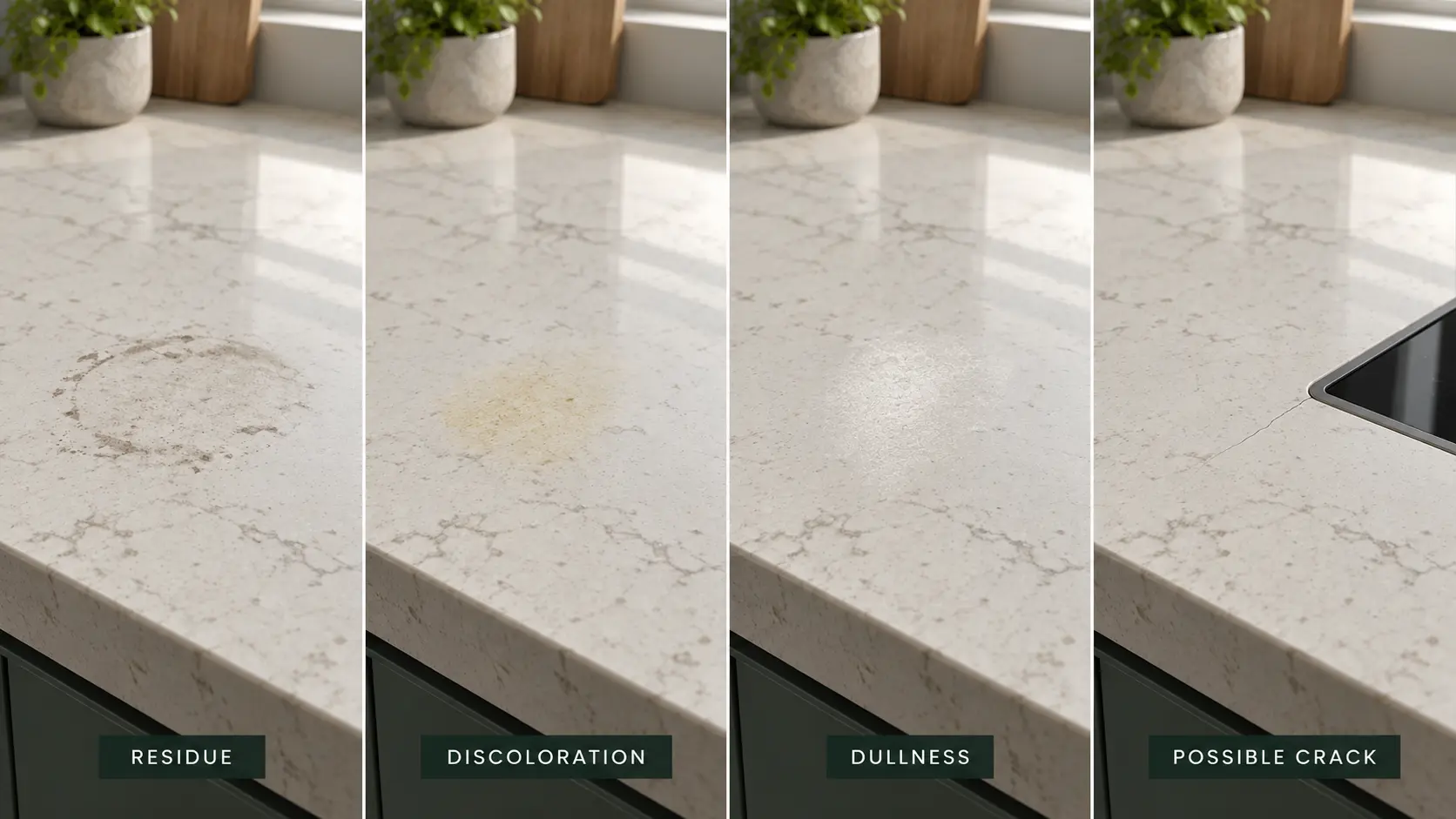 Quartz countertop residue, discoloration, dullness and possible thermal crack comparison