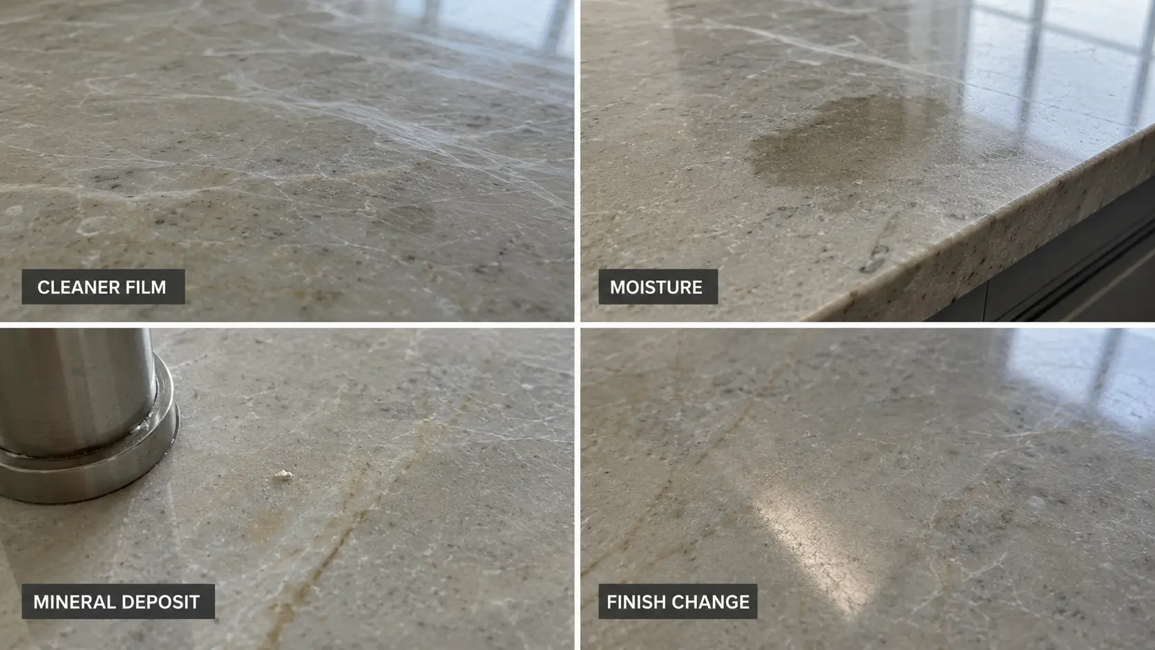 Quartzite countertop cleaner film, moisture darkening, mineral deposit and finish change
