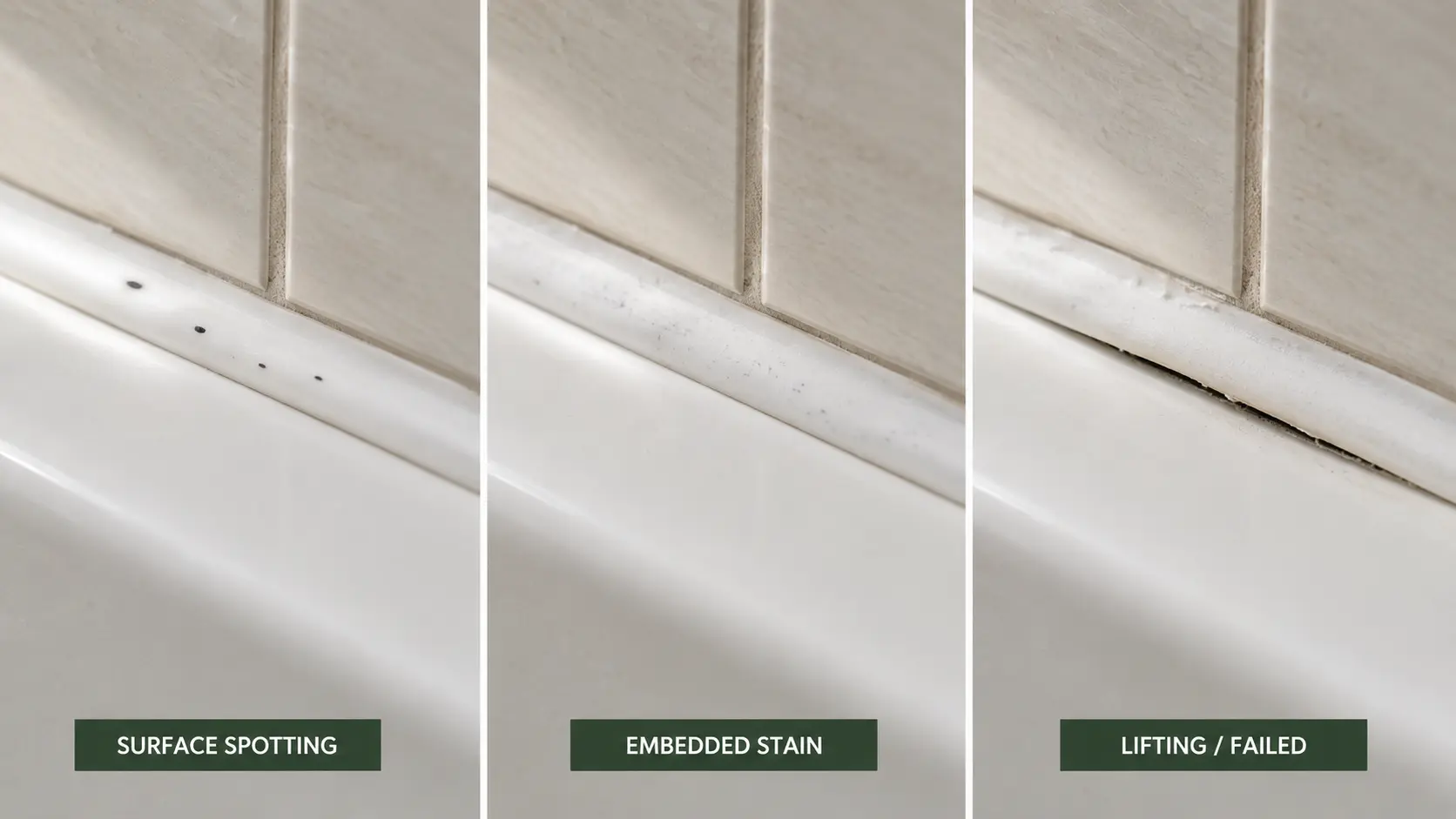 Surface spotting embedded staining and failed silicone shower caulk