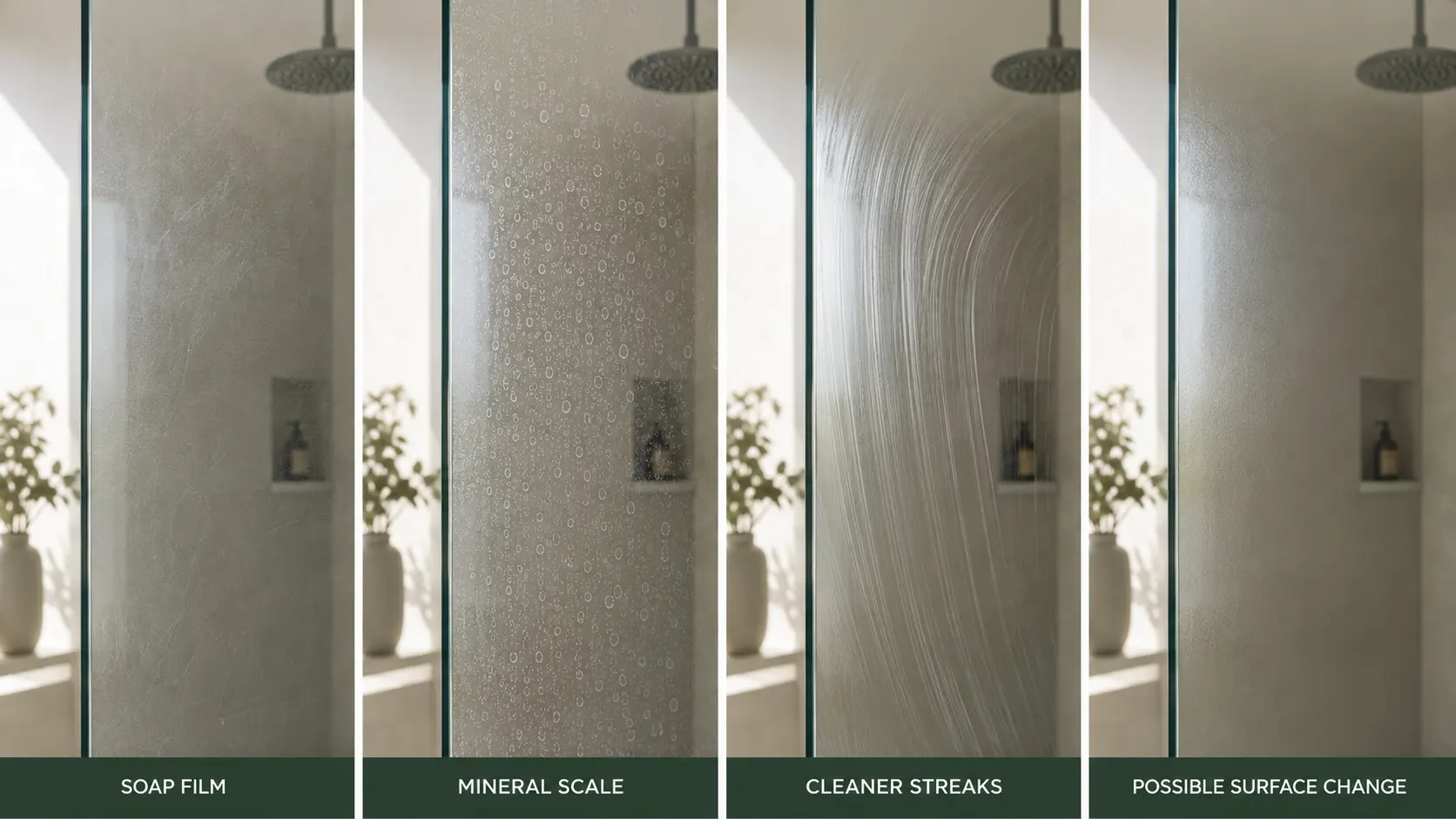Soap film mineral scale cleaner streaks and possible surface change on shower glass