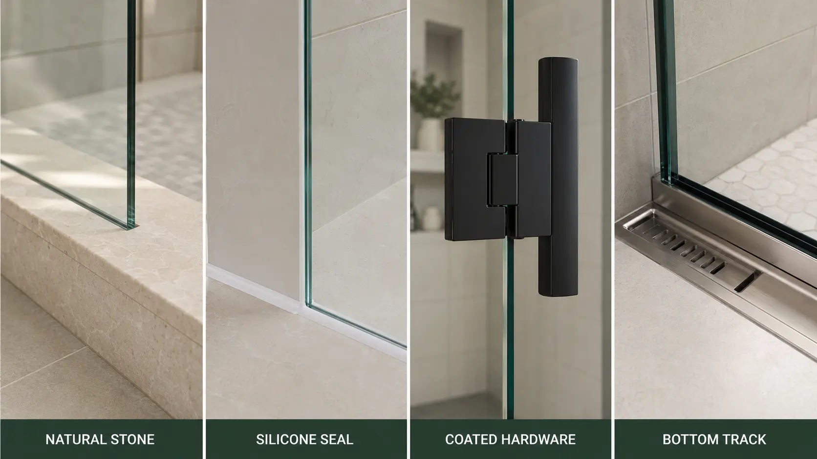 Natural stone silicone hardware and bottom track beside shower glass