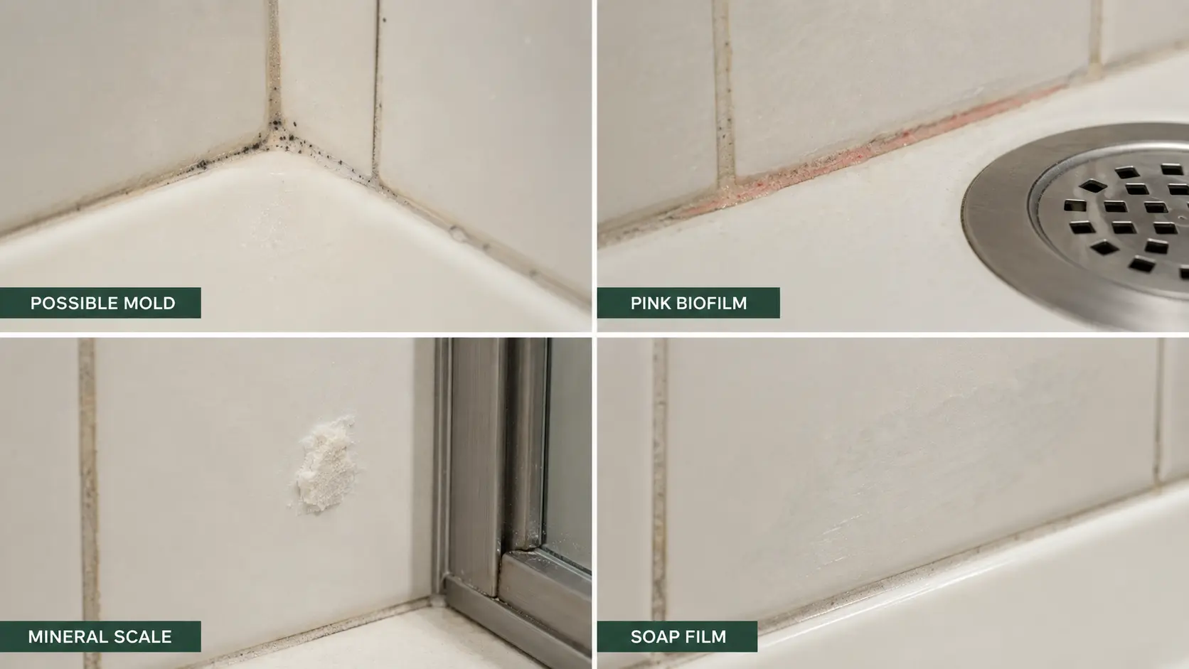 Shower mold compared with pink biofilm mineral scale and soap film