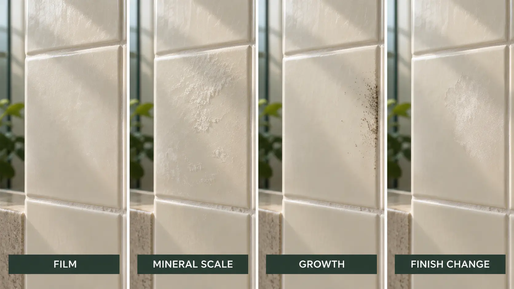 Cleaner film, mineral scale, localized surface growth and finish change on shower tile