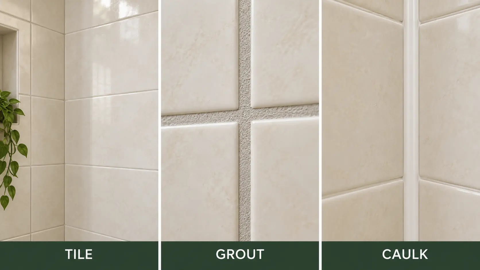 Tile face, grout line and flexible caulk joint in an intact tiled shower