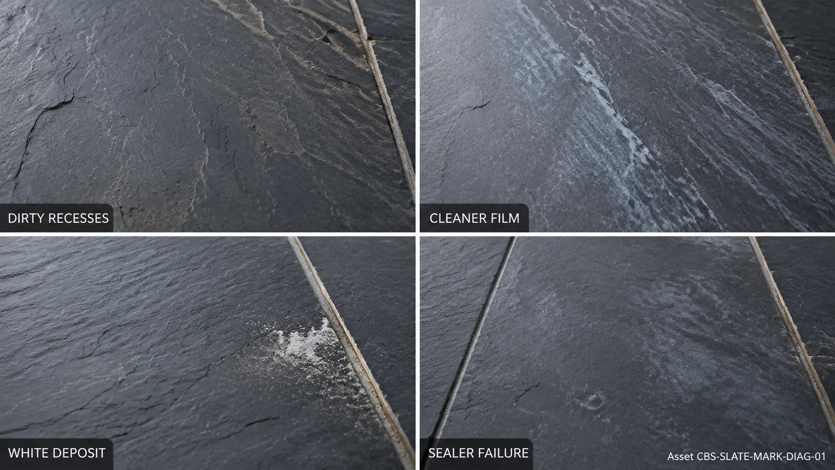Embedded dirt cleaner film white deposits and sealer failure on slate tiles