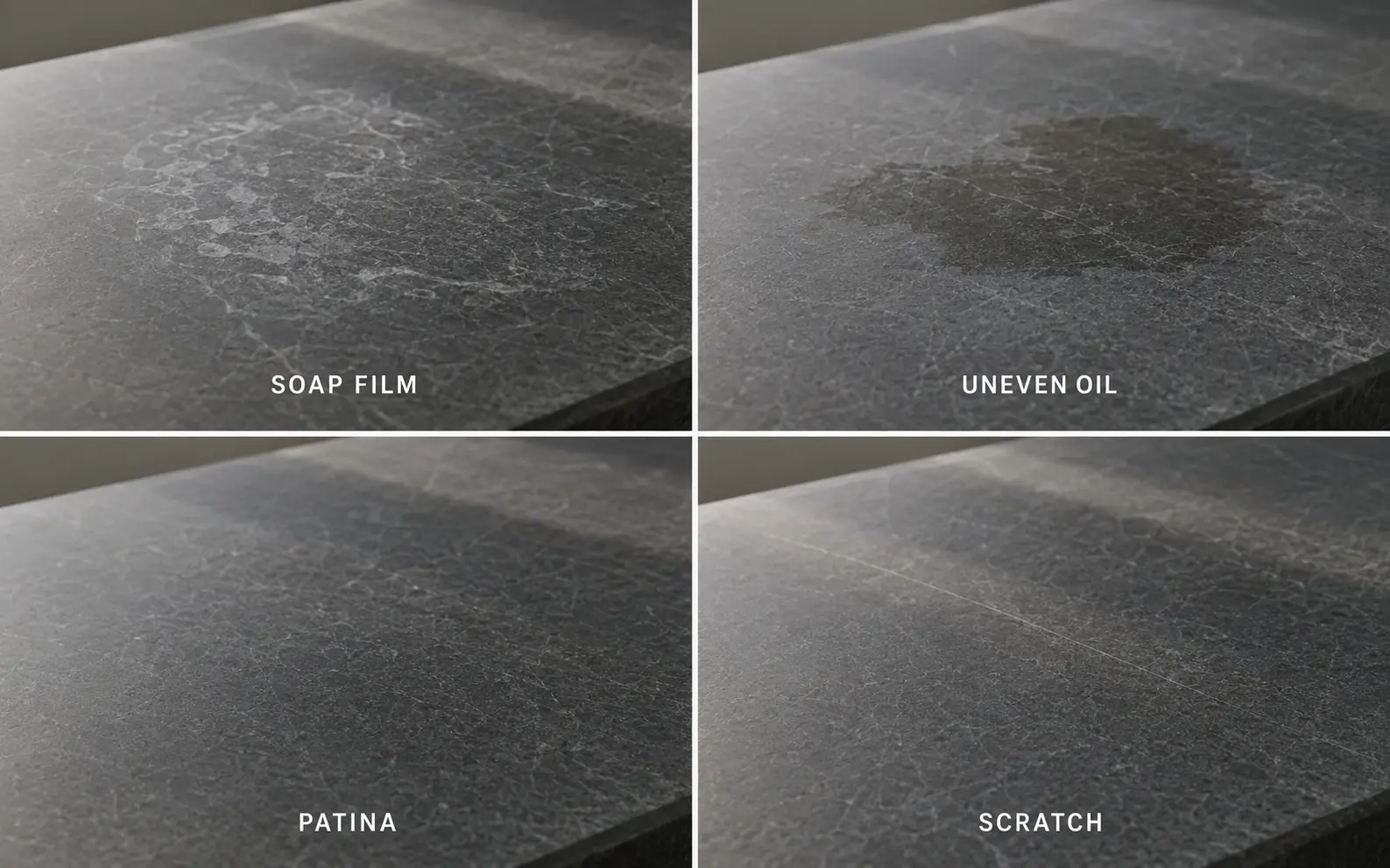 Soap film, uneven oil, patina and a scratch on a soapstone countertop