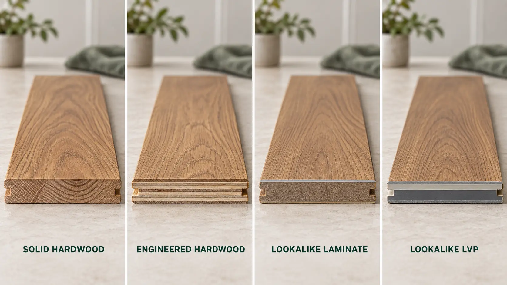 Solid hardwood engineered hardwood laminate and LVP flooring comparison
