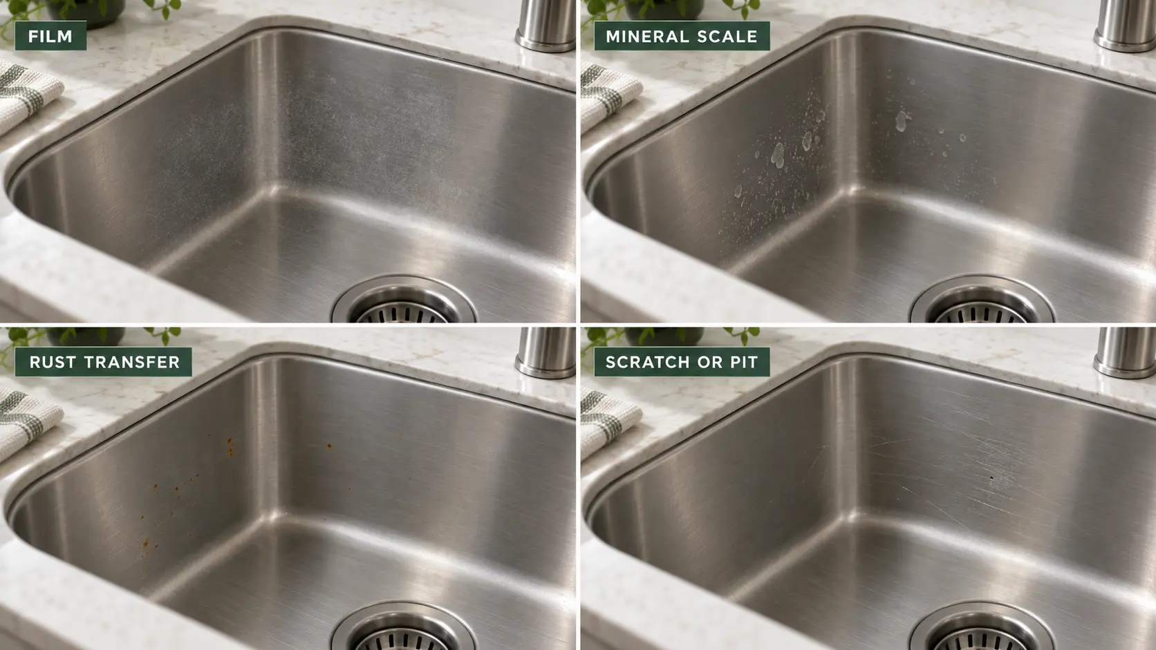Cleaner film, mineral scale, rust transfer, scratches and possible pitting on a stainless steel sink