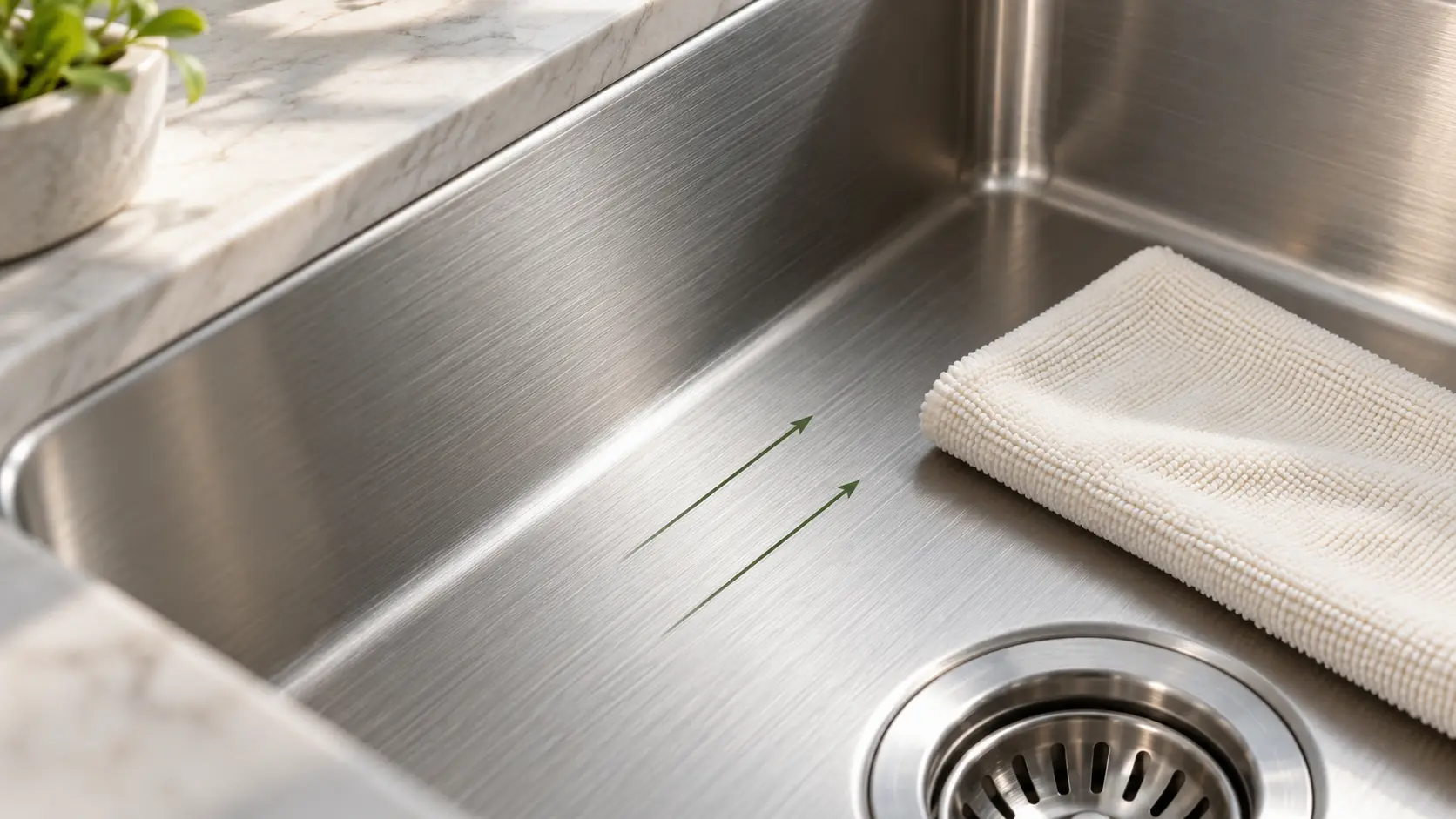 Microfiber cloth aligned with the grain direction of a brushed stainless steel sink