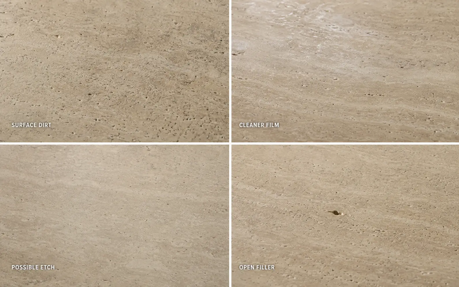 Surface dirt, cleaner film, possible etching and open filler on travertine tile