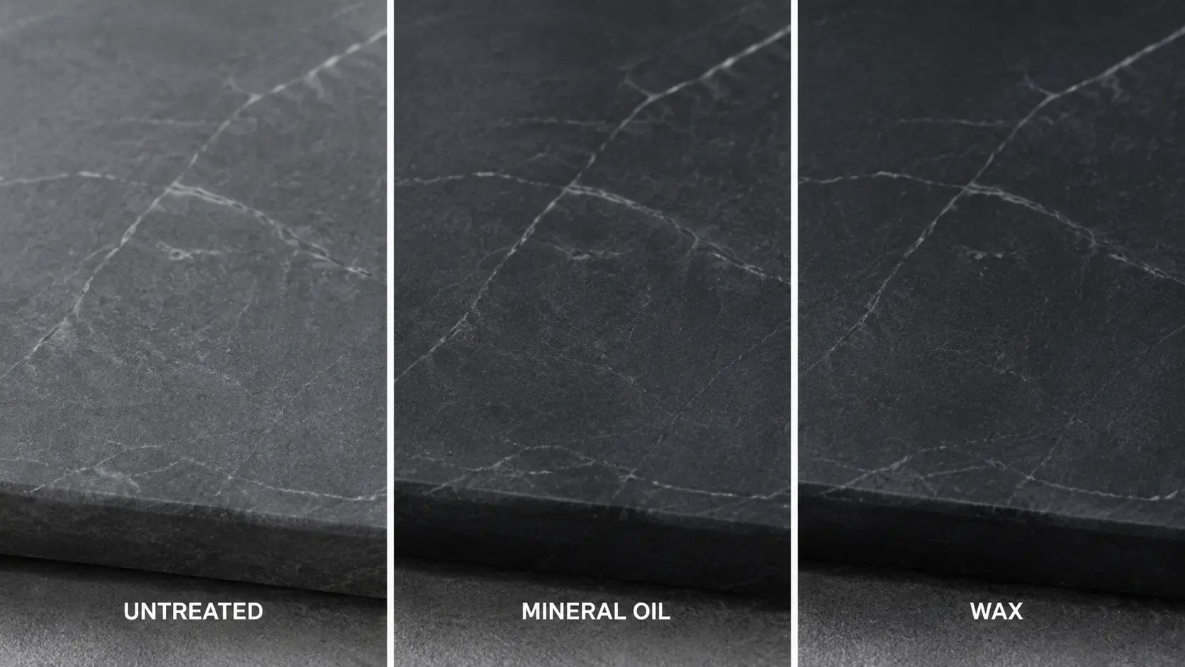 Untreated, mineral-oiled and wax-treated soapstone appearance comparison